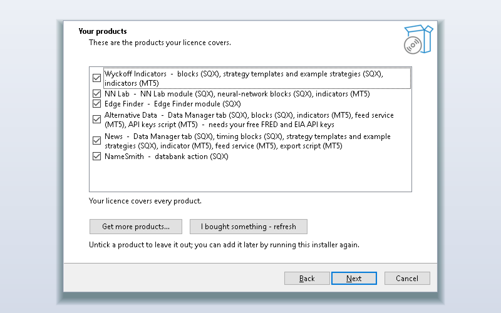 The installer's Your products page listing each product the licence covers with a checkbox.