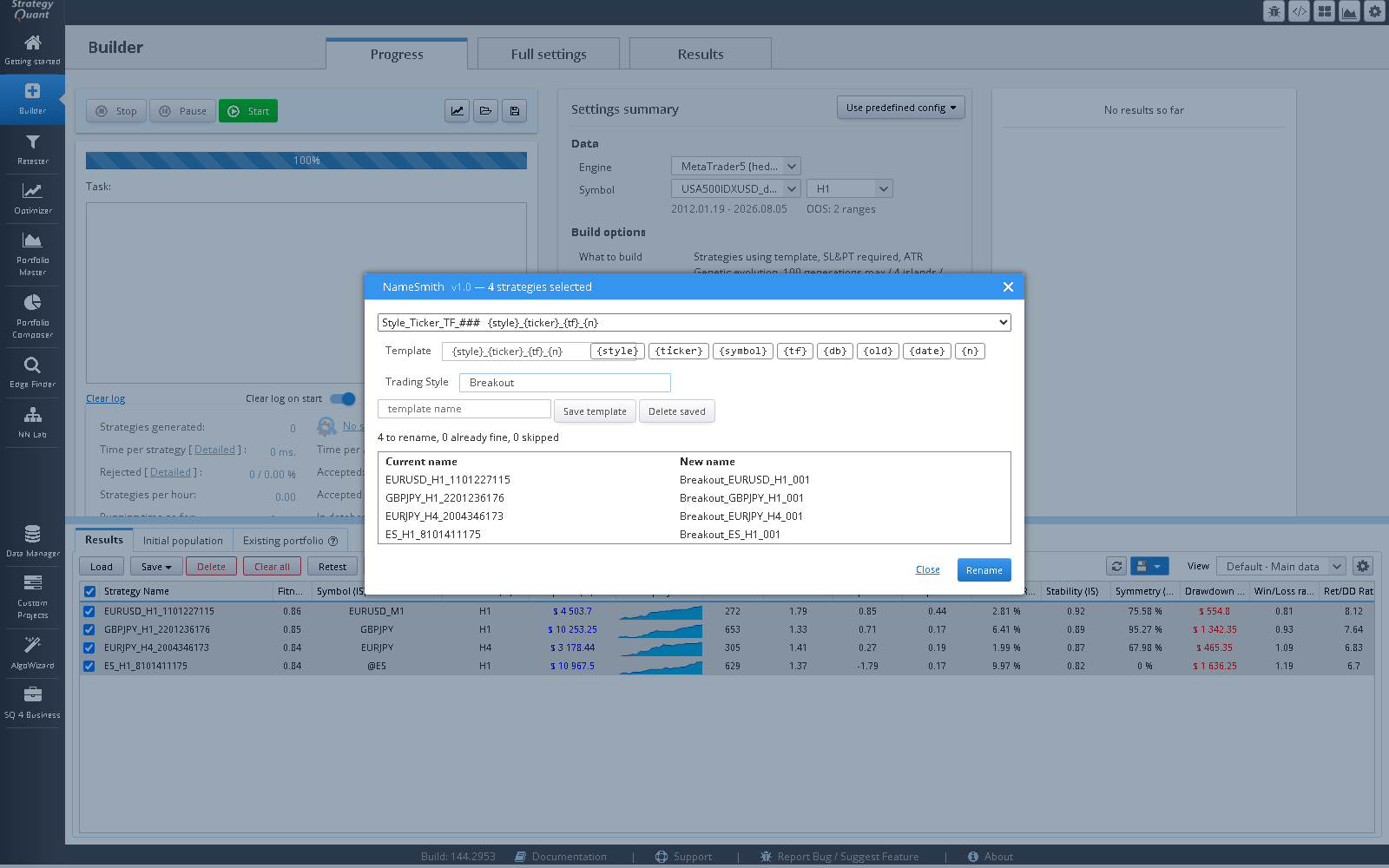 The NameSmith dialog in StrategyQuant X: a naming template, a trading style and a preview of the new names for the selected strategies.