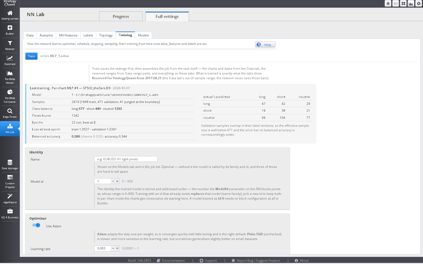 The AlphasWorth NN Lab inside StrategyQuant X, training a neural network with live progress and accuracy figures.