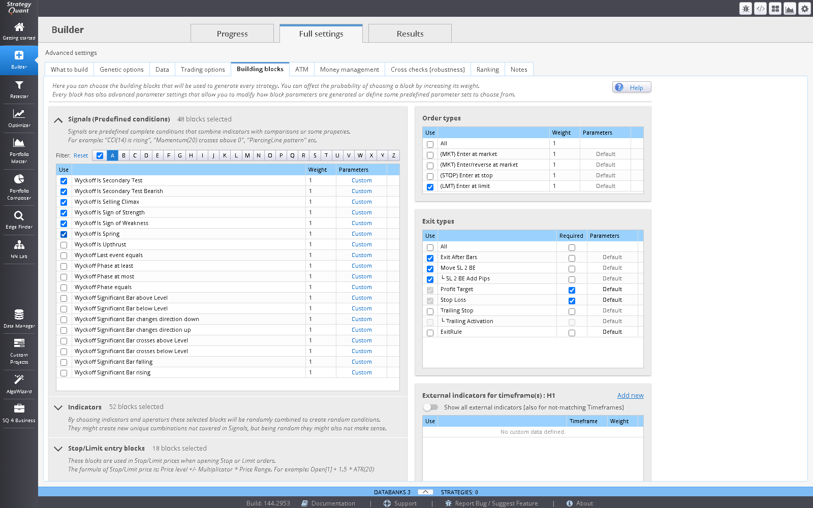 The StrategyQuant X Builder block picker listing the Wyckoff condition blocks.